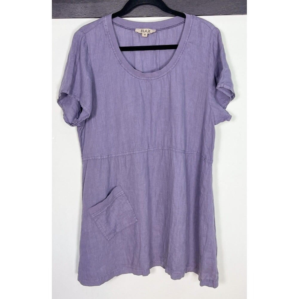 FLAX Linen Purple A-Line Short Sleeve Top Lagenlook Pockets Sz M